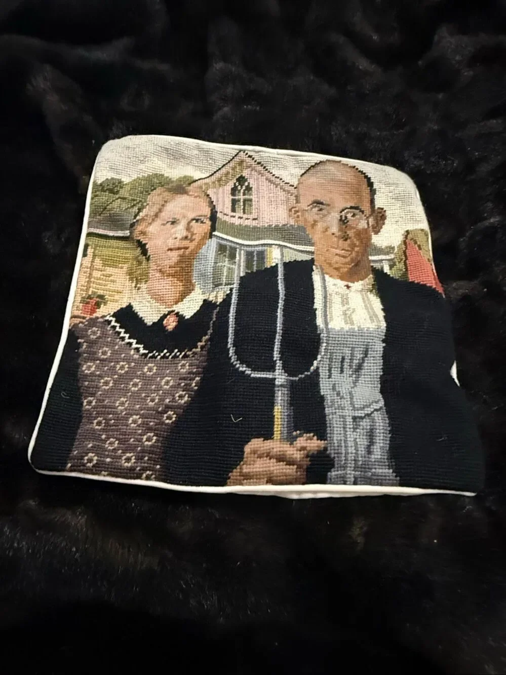Vintage American Gothic Embroidery, pillow sham 13x13